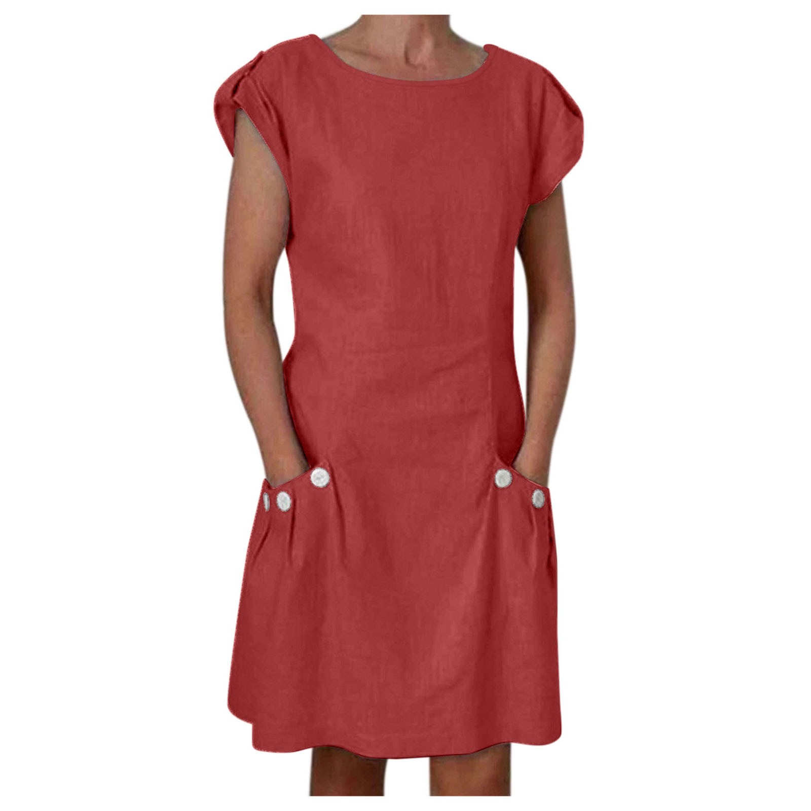 thumbnail image 4 of Vestido informal de mujer con cuello redondo, manga corta, botones, color liso y bolsillos, corte holgado y largo mini, 4 of 8